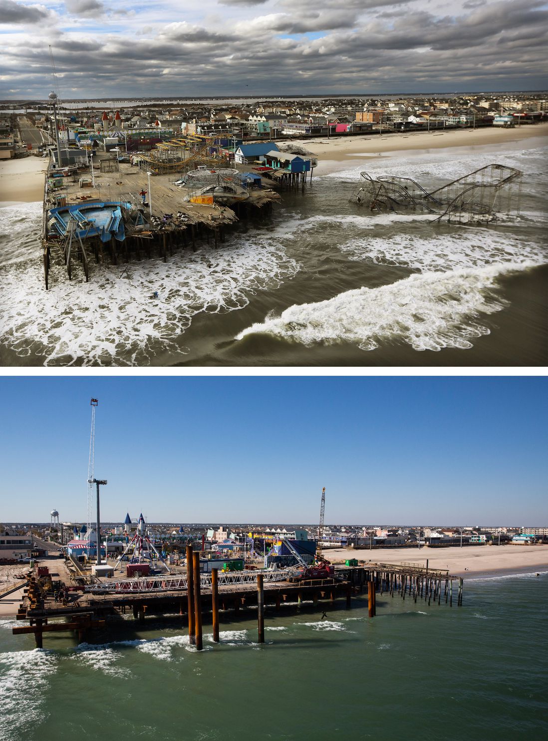 [Top] The boardwalk and amusement park in Seaside Heights, New Jersey is shown destroyed by Superstorm Sandy on October 31, 2012. [Bottom] The boardwalk and amusement park in Seaside Heights, New Jersey is shown October 21, 2013.